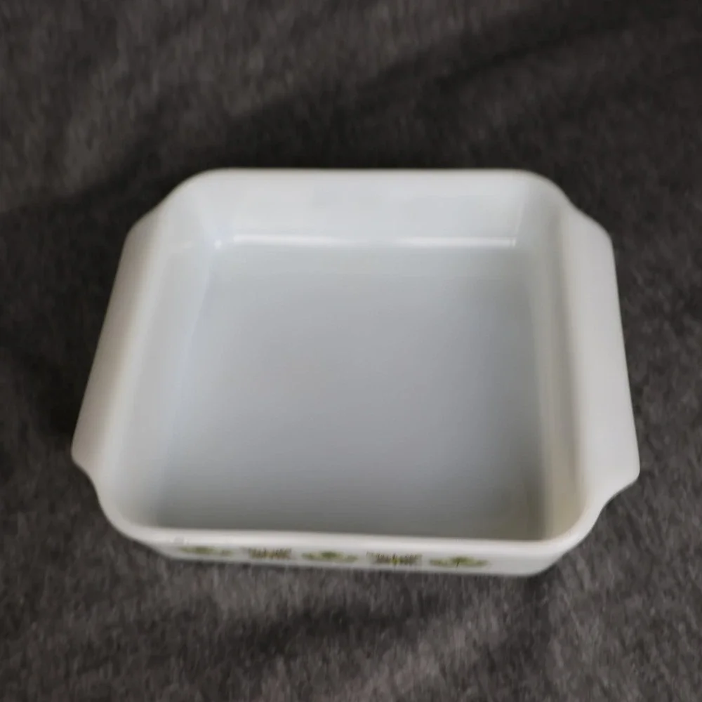 Vintage Fire-King White Glass Baking Dish 8x8 Green Floral Square USA Ovenware